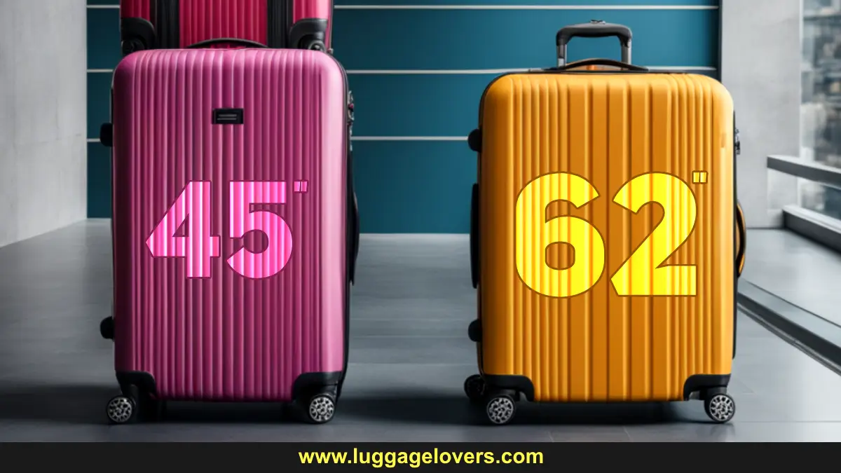 two luggage standing side by side and referring to luggage size and linear inches