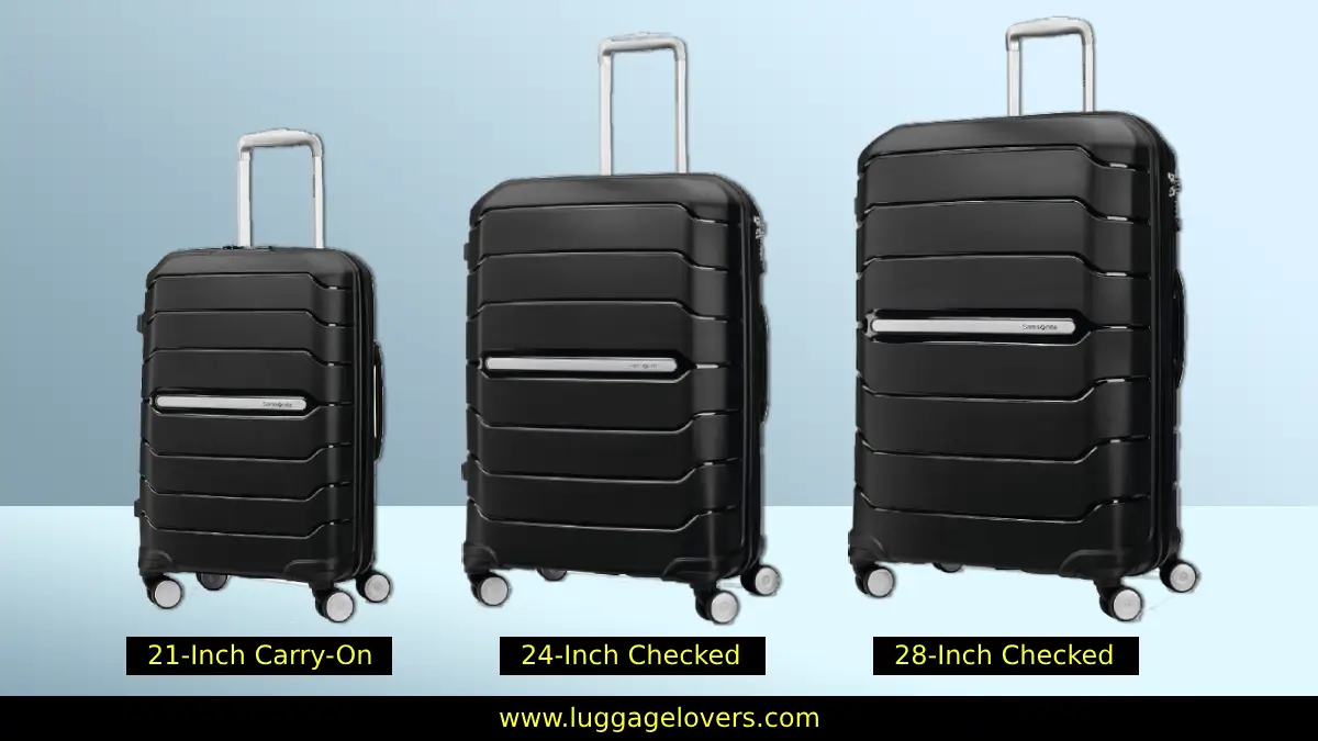 Samsonite Freeform black hardside luggage showing in different size options | carry-on vs checked luggage