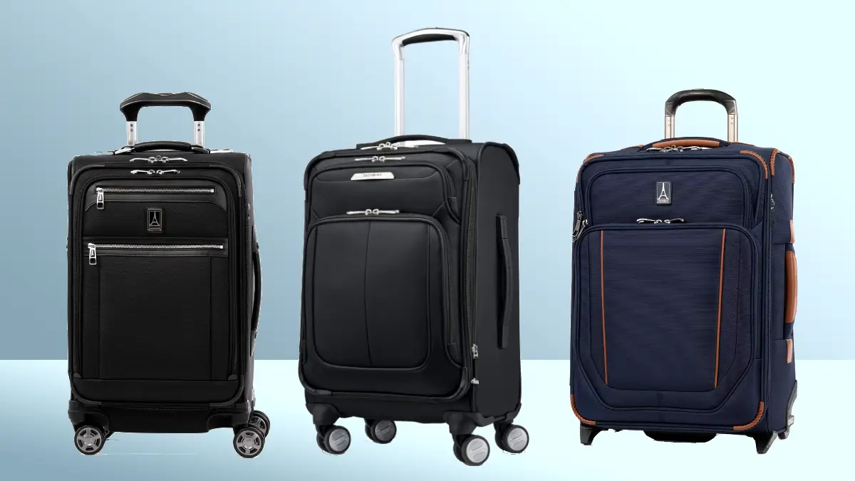 in this guide to softside luggage, three suitcases from travelpro and samsonite standing side by side