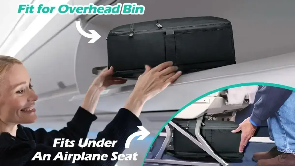 a traveler holding carry on in the overhead compartment of a plane | carry-on vs personal item